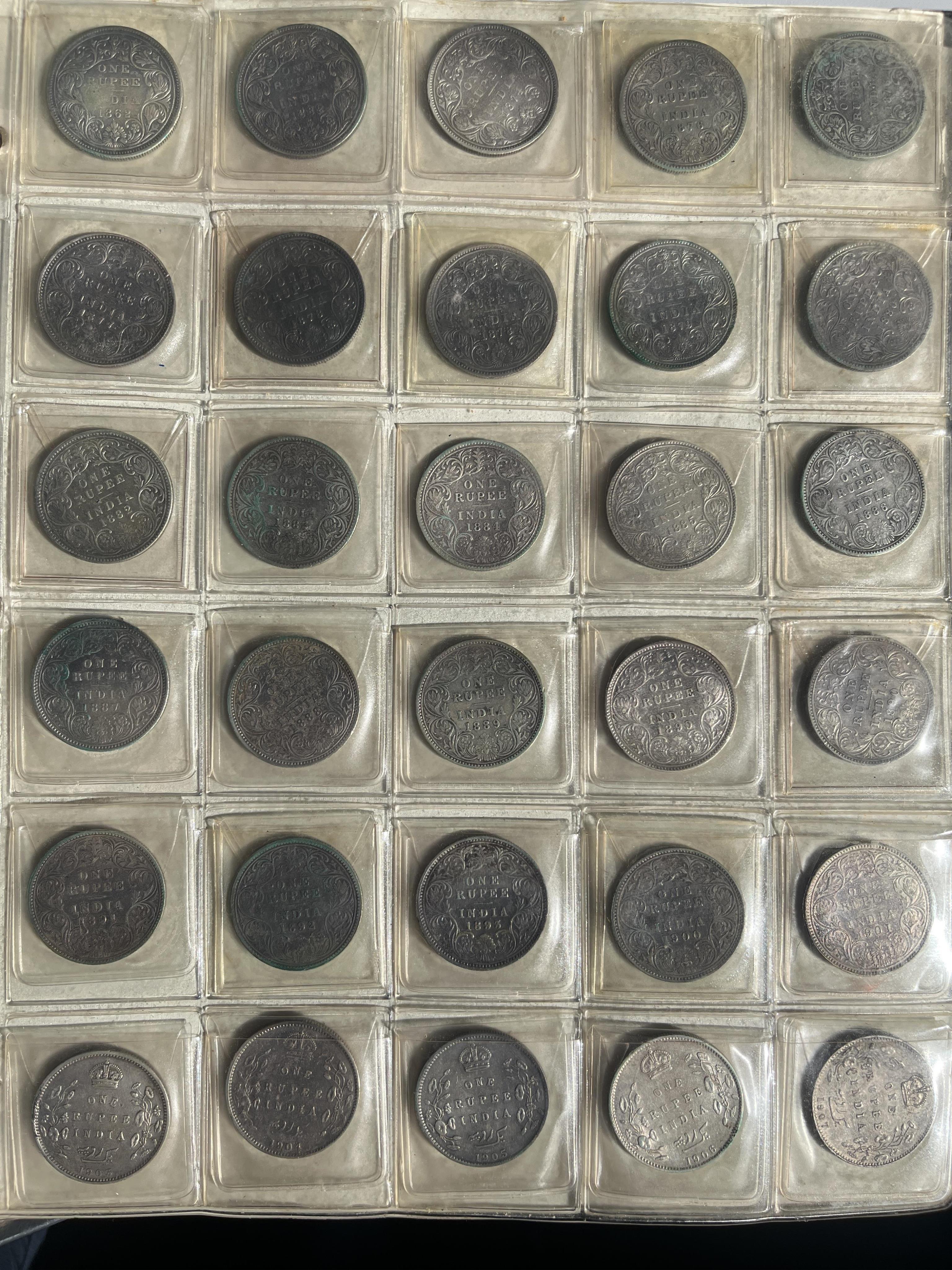 East India Company, British India silver coins, Victoria to George VI and Republic of India coins, an album, Highlights include-, East India company; one rupee, half rupee and quarter rupee, all 1835, two Victoria one ru